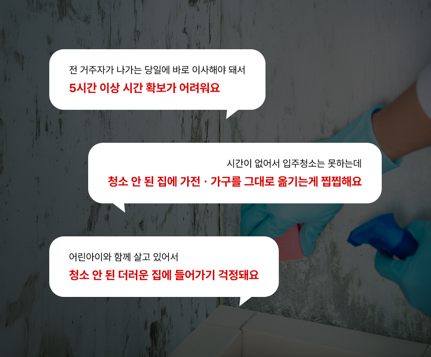 전 거주자가 나가는 당일에 바로 이사해야돼서 5시간 이상 시간확보가 어려워요, 시간이 없어서 입주청소는 못하는데 청소 안된 집에 가전ㆍ가구를 그대로 옮기는게 찝찝해요, 어린아이와 함께 살고 있어서 청소 안된 더러운 집에 들어가기 걱정돼요