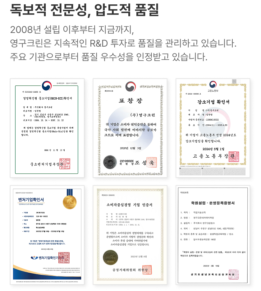 독보적 전문성, 압도적 품질! 2008년 설립 이후부터 지금까지, 영구크린은 지속적인 R&D 투자로 품질을 관리하고 있습니다. 주요 기관으로부터 품질 우수성을 인정받고 있습니다.