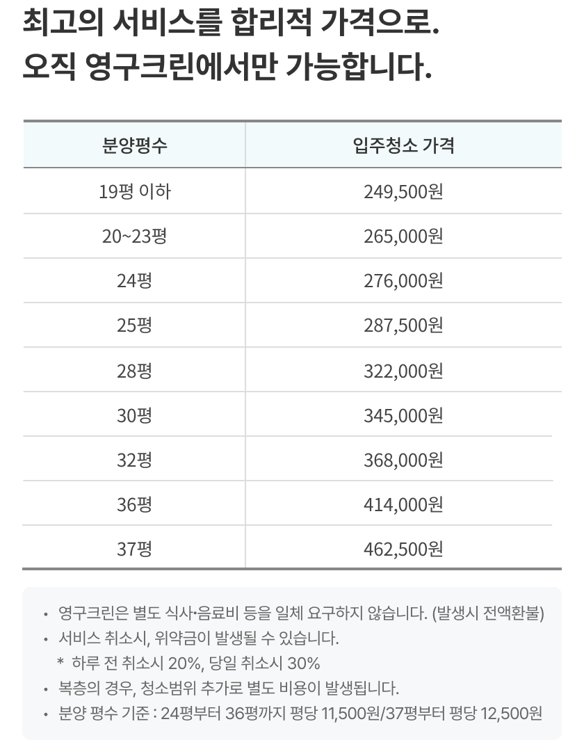 최고의 서비스를 합리적 가격으로. 오직 영구크린에서만 가능합니다.