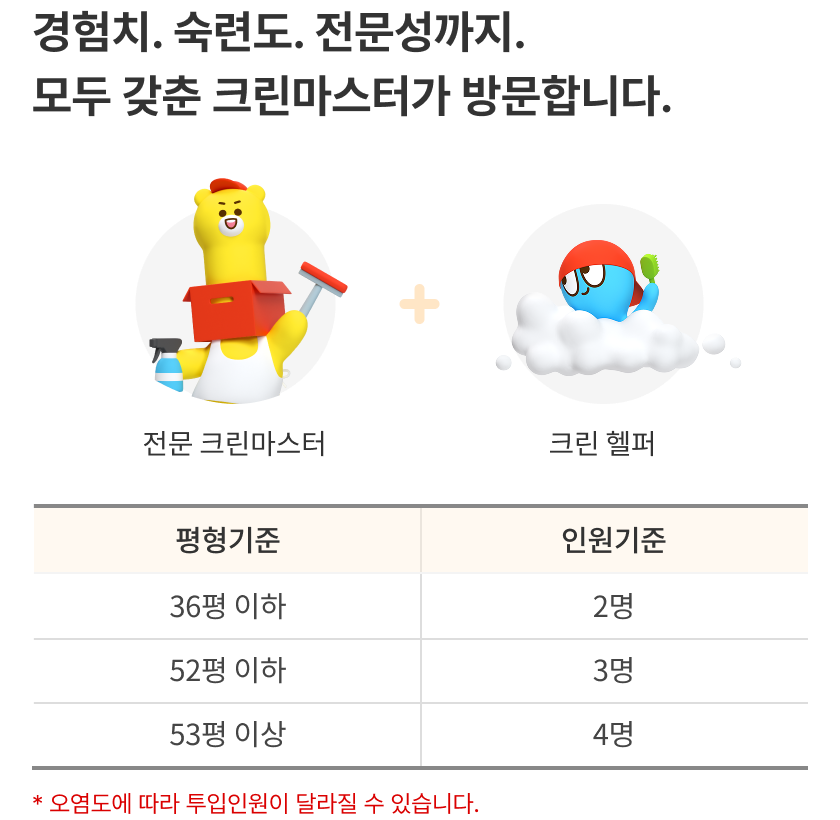 경험치. 숙련도. 전문성까지. 모두 갖춘 크린마스터가 방문합니다. 전문 크린마스터 + 크린 헬퍼