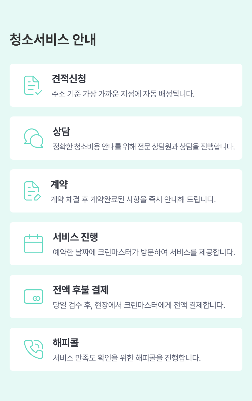 청소서비스 안내. 견적신청, 상담, 계약, 서비스 진행, 전액 후불제 결제, 해피콜